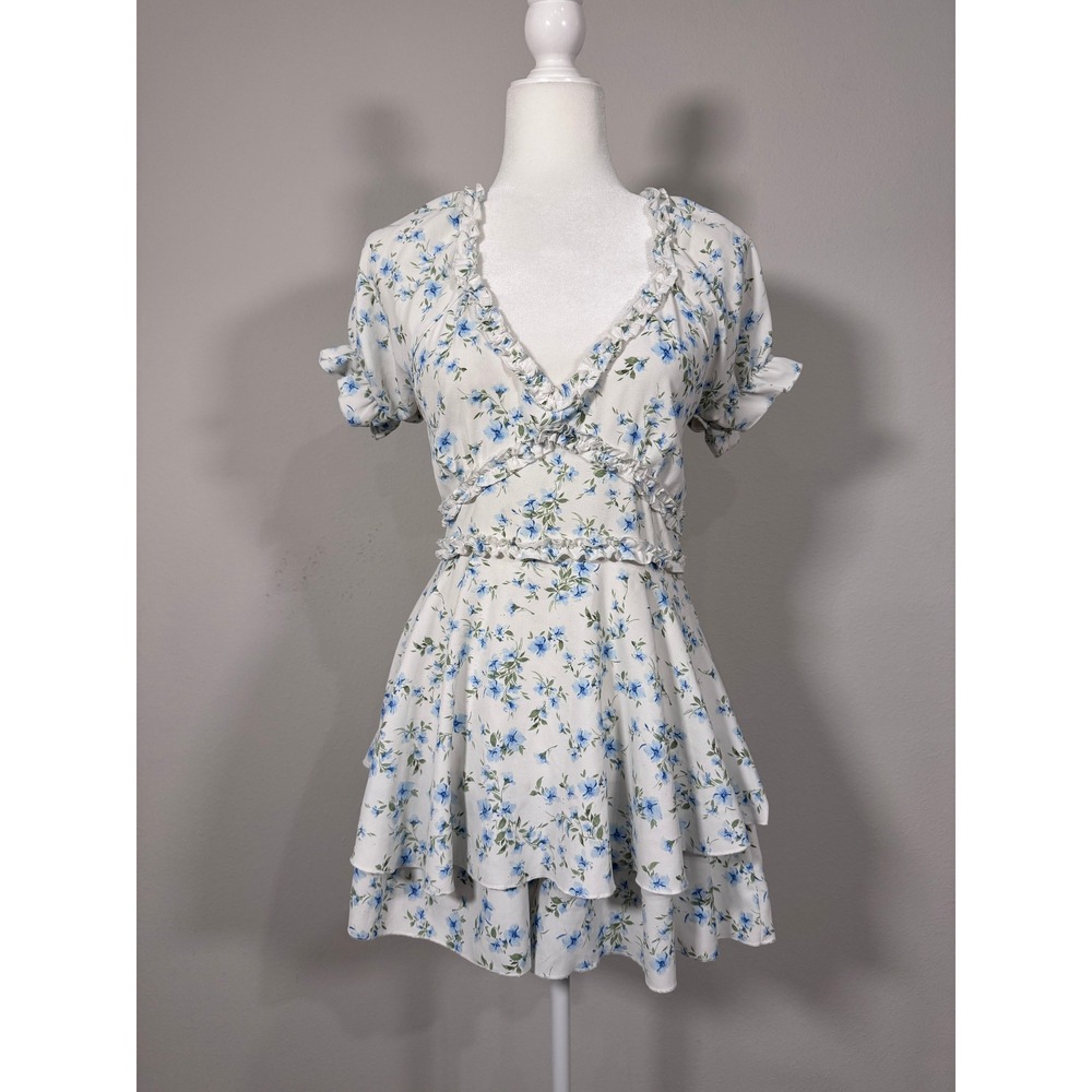 Streetwear Society Floral Romper Dress Women M White Blue Excellent Cottagecore